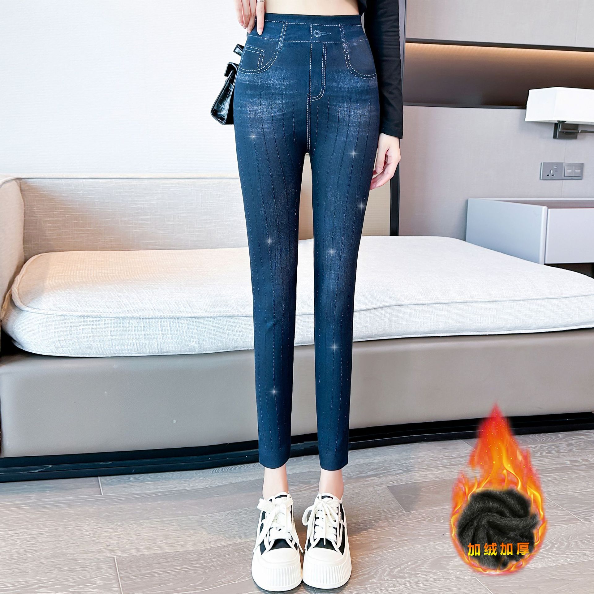 Women's Artificial Denim Leggings Spring and Autumn Black Outer Wear High Waist Belly Contracting Hip Lifting Cropped Pants Fashionable All-Matching Pants