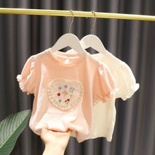 儿童t恤衫夏季1-5岁女宝宝透气棉麻薄款婴儿夏装韩版女童蕾丝爱心