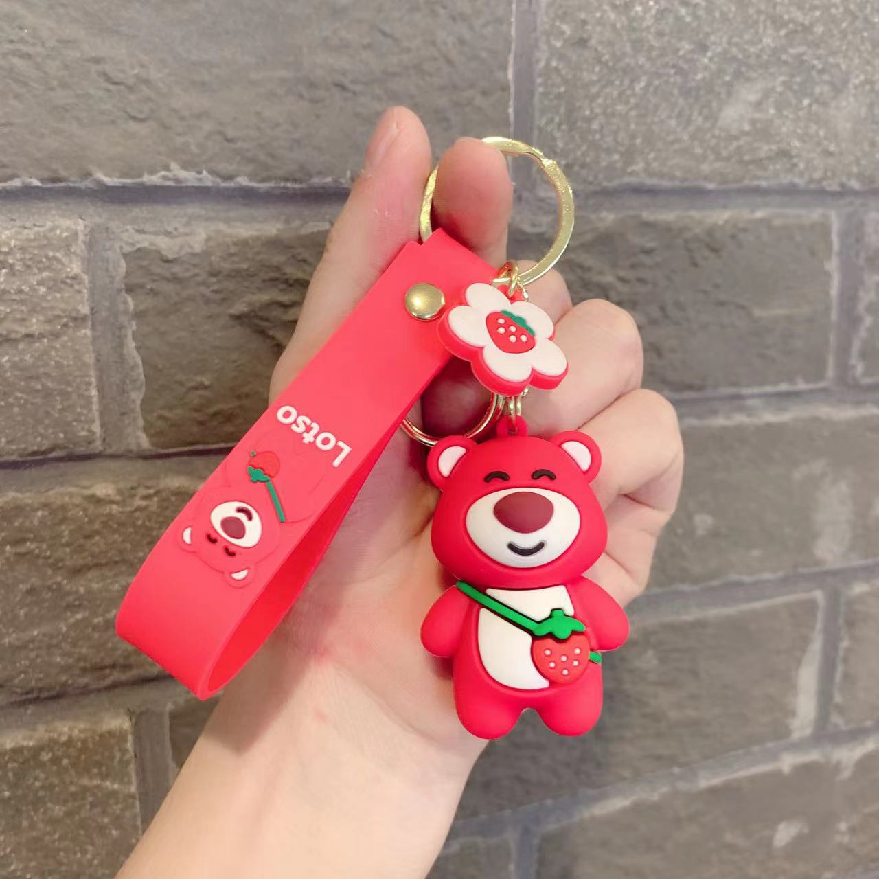 New Cartoon Cute Strawberry Bear Keychain Couple Women Bag Car Key Chain Pendant Crane Machine Small Gift