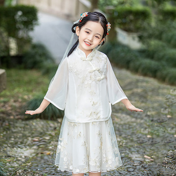 儿童夏季唐装两件套女童中国风超仙改良汉服套装女孩民国风表演服