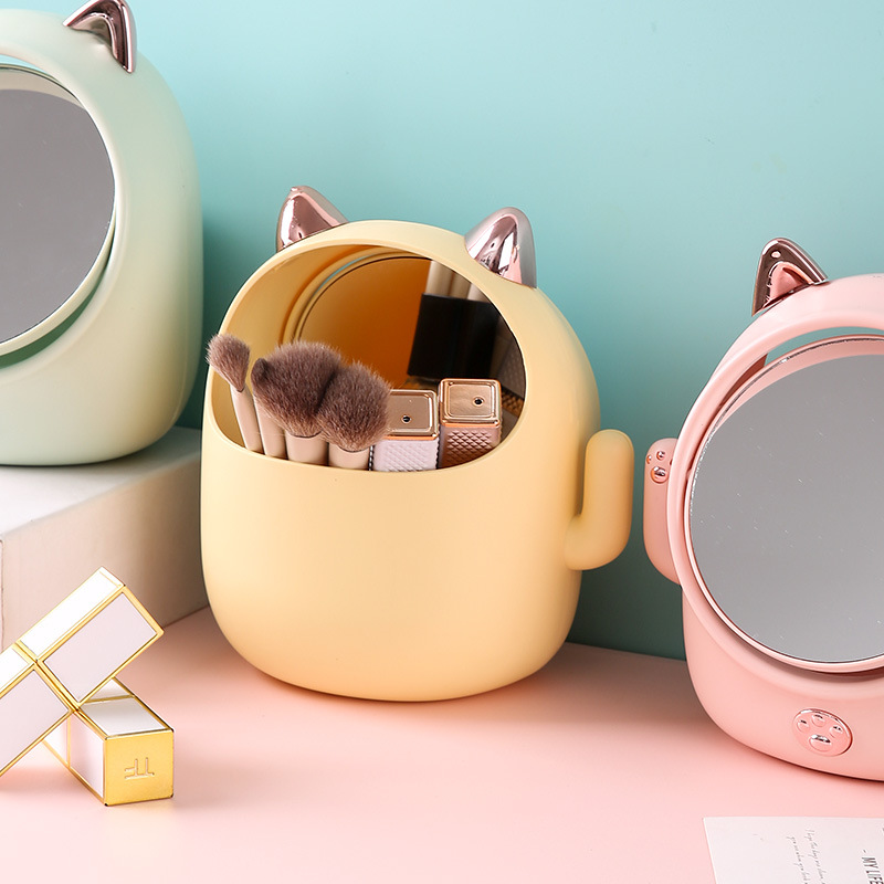 Cat Desktop Cosmetic Mirror Portable Storage Cartoon Desktop Double-Sided Integrated Creative Three-Dimensional Dressing Table Mirror