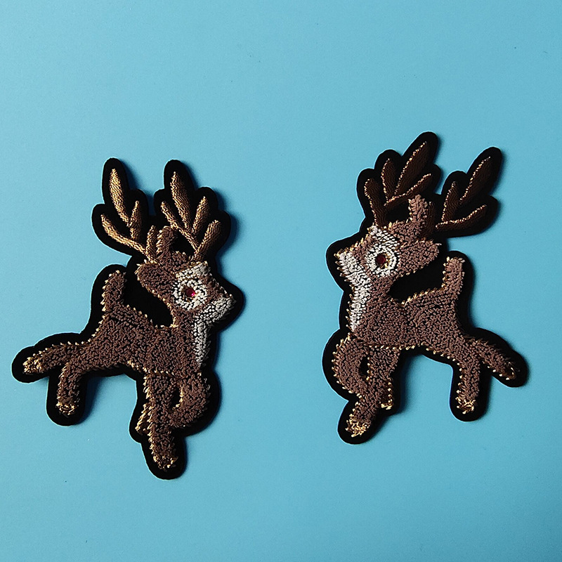 f47麋鹿一对牙刷绣立体植绒绣 对称图形服装装饰补丁贴电脑绣花标