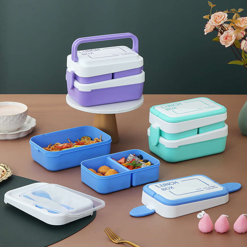 double-layer large capacity office lunch box microwaveable adult student portable hand-held bento box lunch box with tableware
