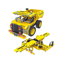 亚马逊热卖2合1STEM建筑传动积木玩具自卸卡车渣土车和飞机套装