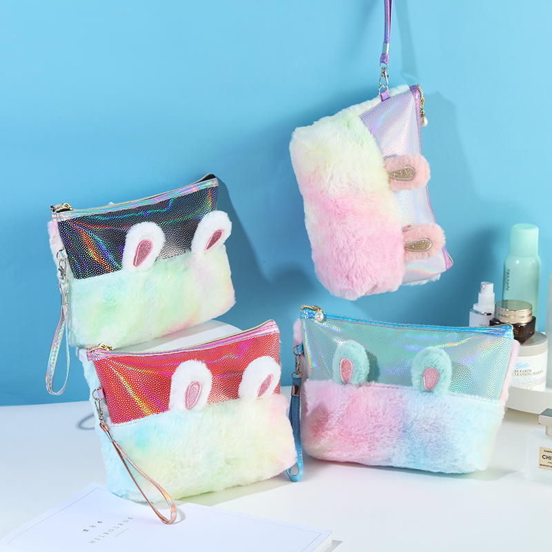 Korean Cute Rabbit Ear Plush Cosmetic Bag Cross-Border Fashion Colorful PU Leather Wash Bag New Arrival Girlish Style Storage Bag