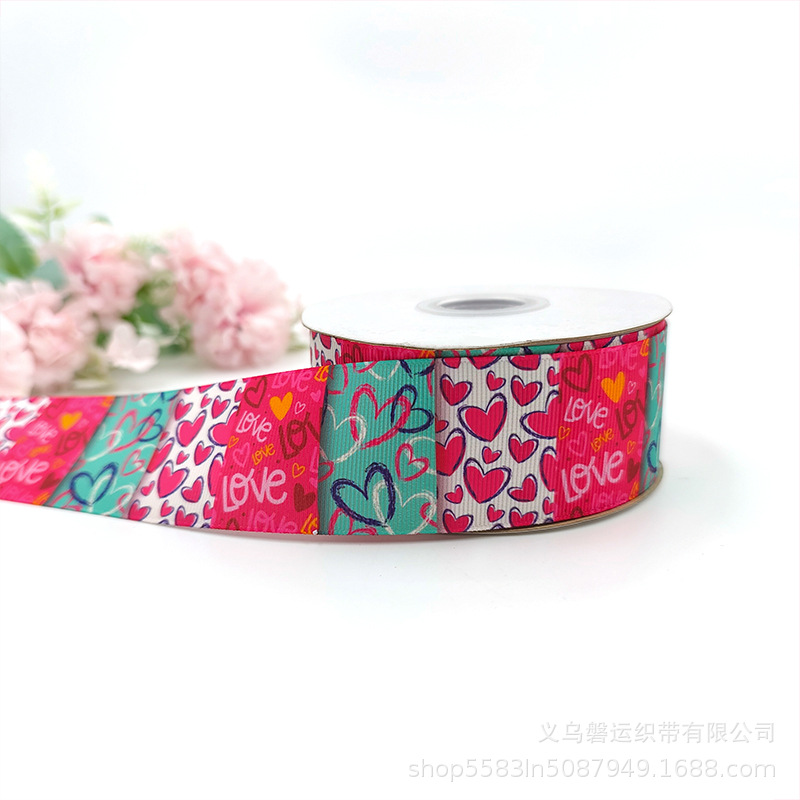 Cross-Border 4cm Love Heart Ribbed Band Thermal Transfer Valentine's Day Digital Printed Ribbon Bow Printing Polyester Belt