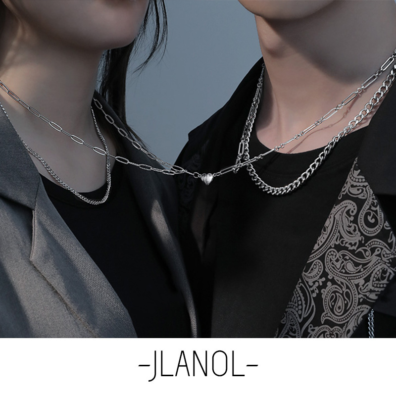 七夕礼物情侣款项链killwinner怦然心动叠戴拼接磁铁爱心相吸项链