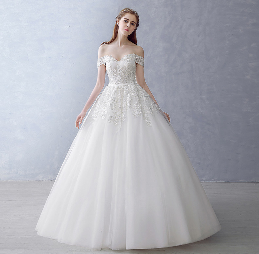 2020中腰长款一字肩中长款白色韩版拖尾婚纱抹胸性感绑带