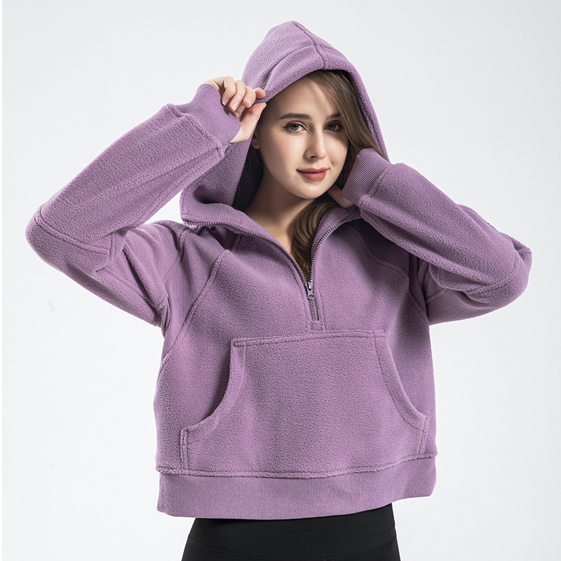 Lulu Short Polar Fleece Sports Hoodie Women's Half Zipper Yoga Running Thickened Workout Top Coat