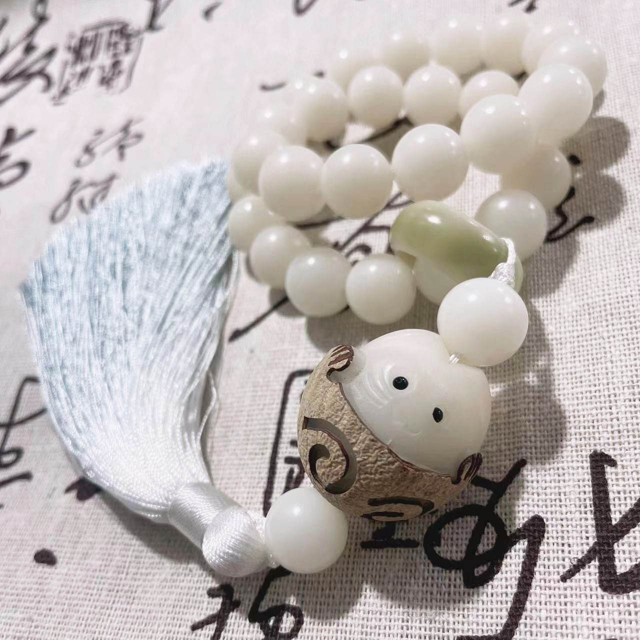 Natural Bodhi Original Seed Polished New White Jade Bodhi Root Flexible Ring Ancient Beads Collectables-Autograph Rosary Handheld Bracelet