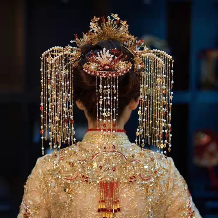 新款中式新娘结婚头冠头饰凤冠秀禾服配饰古风流苏步摇汉服女