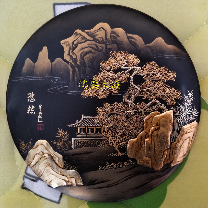 大漆莳绘工艺漆器杯垫木质漆艺礼品摆件老树漆创意手工漆画茶点盘