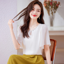 新款韩国气质显瘦圆领镶钻镂空纯色套头短袖雪纺上衣女夏薄款
