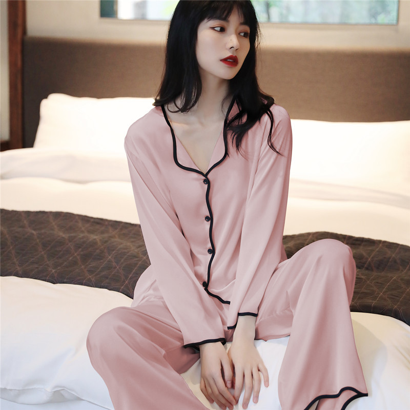 Spring Summer Sexy Silk Pajamas Women's Long Sleeve Suit Korean Style plus Size Simple Style Ice Silk Home Thin Homewear