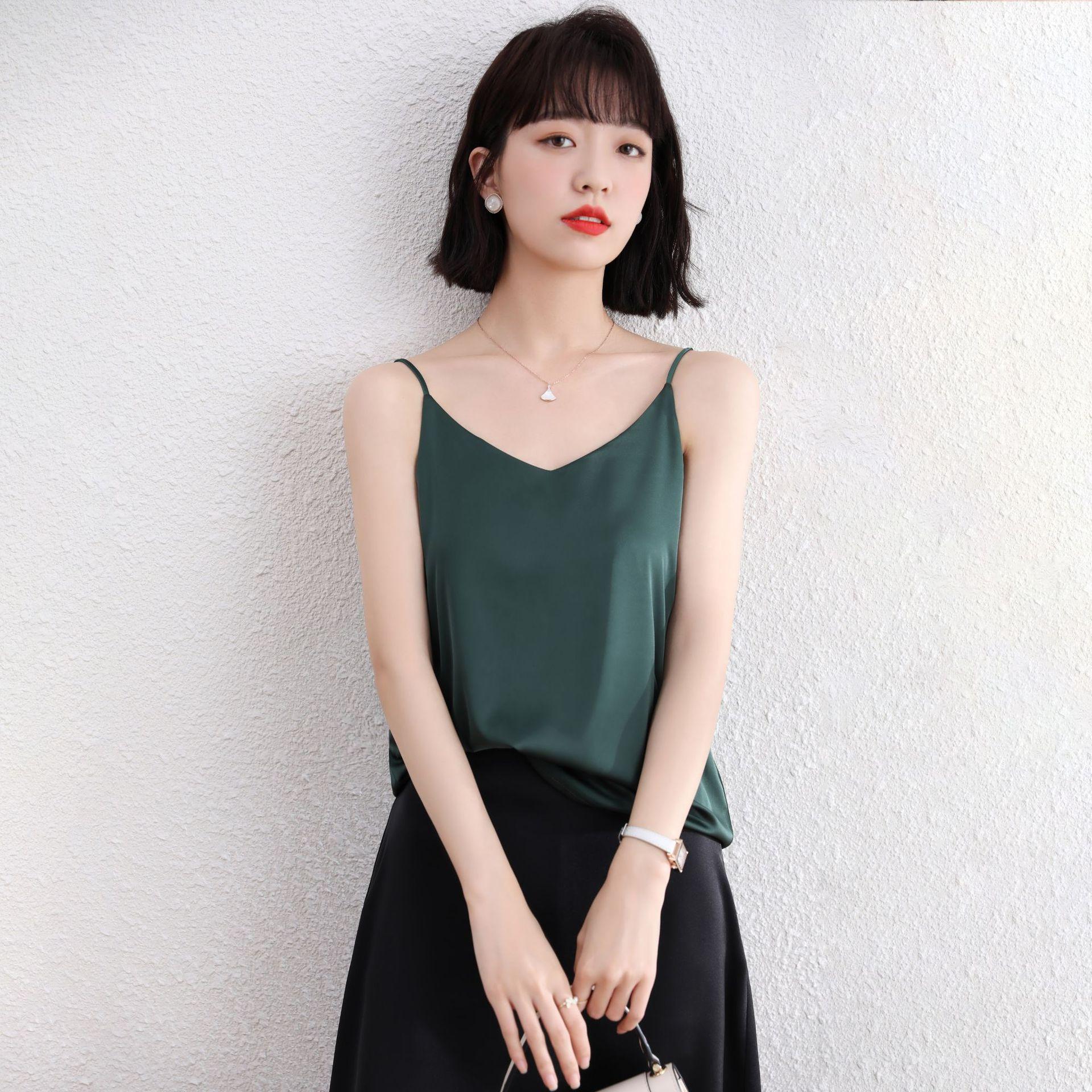 v领真丝吊带背心女春夏装冰丝外穿小打底衫内搭挂脖醋酸上衣辣妹