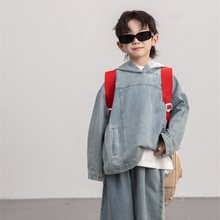 韩版儿童2024新款春季男童复古连帽牛仔卫衣中小童宽松上衣