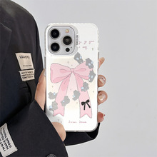 粉色蝴蝶结适用苹果15promax手机壳iphone14一件代发彩银壳13pro