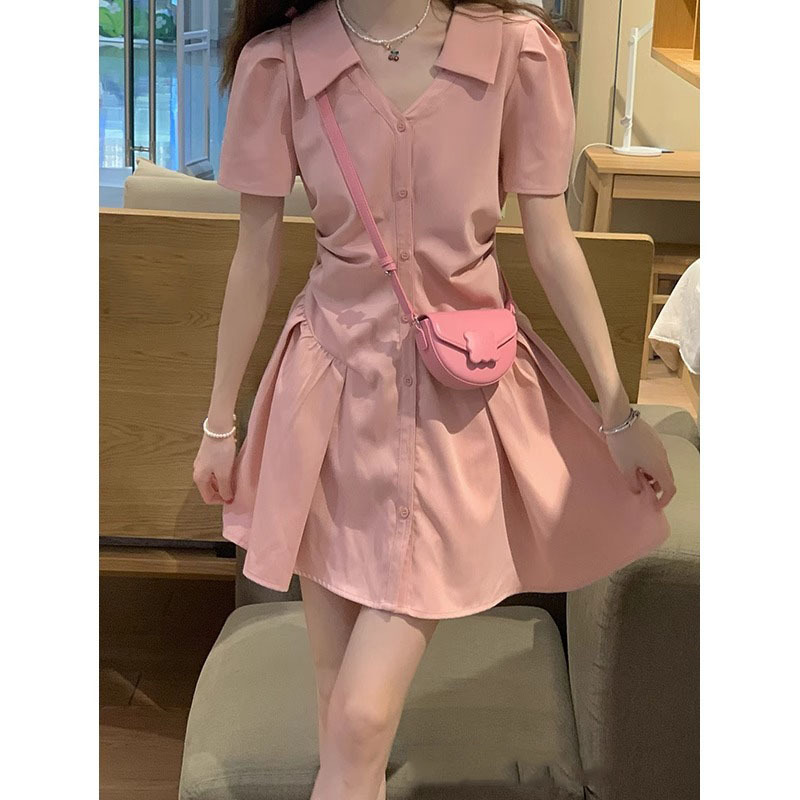 粉色polo衬衫连衣裙女夏季新款甜美收腰显瘦小个子高级