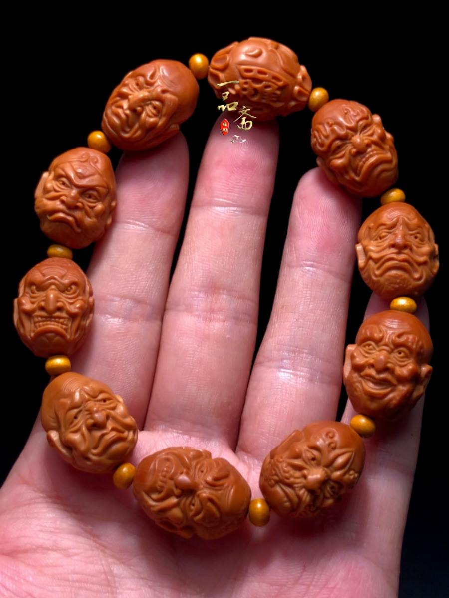 t18罗汉橄榄核手串双面十八罗汉小籽精雕男士文玩单圈须派榄橄核