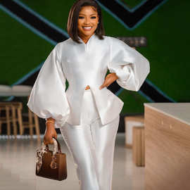 D153 2024夏新款气质通勤休闲长袖上衣长裤欧美套装跨境两件套