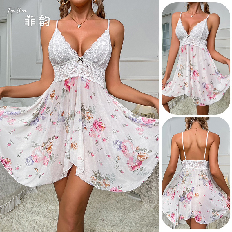 cross-border new arrival mesh spaghetti-strap dress printed nightdress sexy lace stitching private room temptation homewear 603