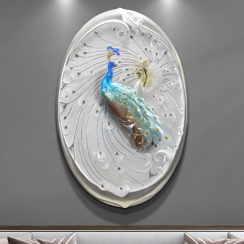 现代简欧客厅背景挂画欧式玄关入户装饰画3d立体浮雕过道孔雀壁画