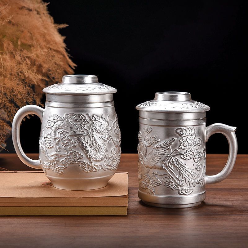 999纯银茶杯办公杯带盖带过滤云南雪花银鎏银杯子高档个人杯家用
