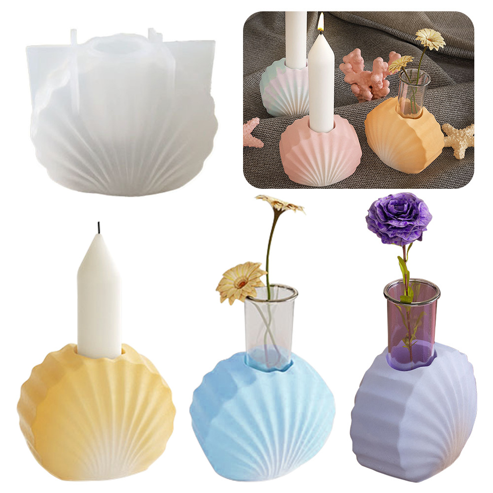 DIY石膏水泥贝壳烛台模具条纹贝壳花器花瓶蜡烛座镜面滴胶硅胶模