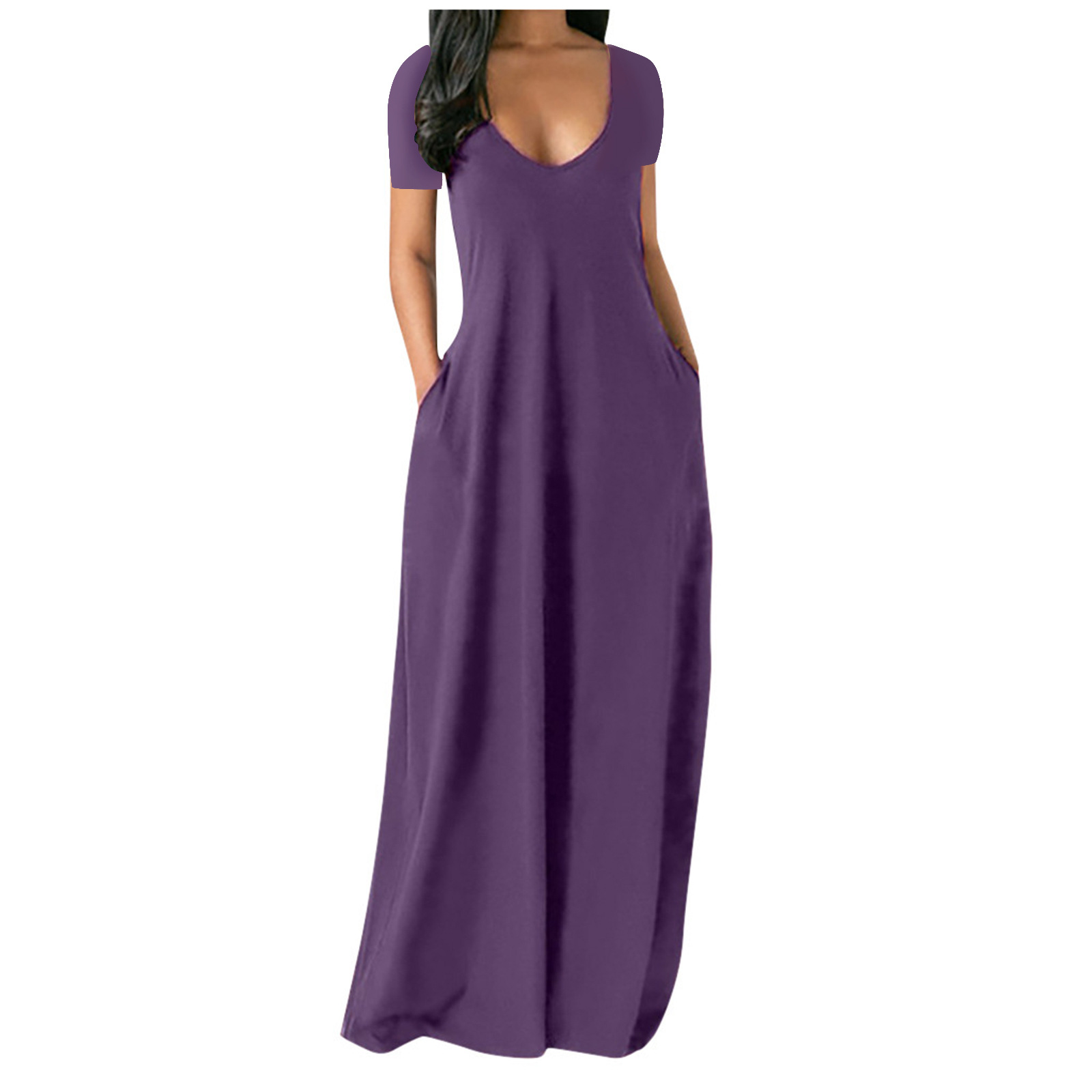 2023 European American Summer New Amazon Hot Sale plus Size Women's Solid Color Sexy Deep V Short Sleeve Maxi Dress with Pockets