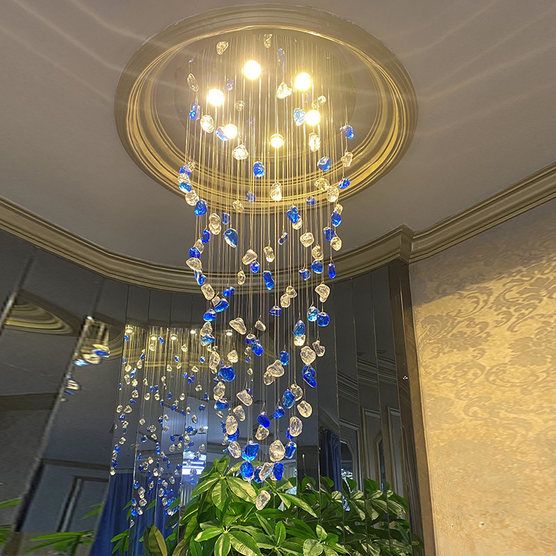 创意复式楼梯吊灯轻奢餐厅样板房艺术灯别墅客厅中空石头水晶吊灯