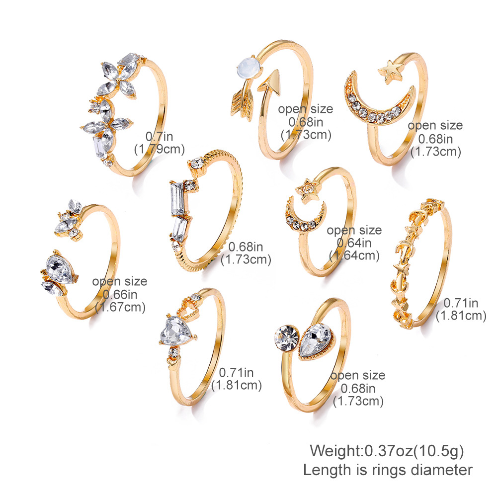 Cross-Border Star Moon Ring Diamond-Embedded Love Leaves 10-Piece Ring Female Light Luxury High-Grade Alloy Knuckle Ring