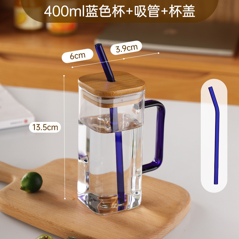 Square Glass Cup for Women Transparent Simple Heat-Resistant Cup with Lid and Straw Breakfast Milk Juice with Handle