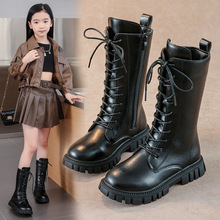 女童长筒靴侧拉链皮面童靴子2022秋季新款时尚高筒儿童马丁骑士靴