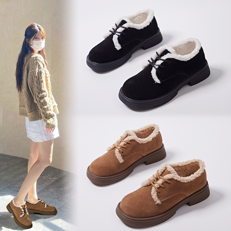 反绒牛皮毛毛鞋2022冬季新款女士复古粗跟单鞋女休闲圆头加绒女鞋