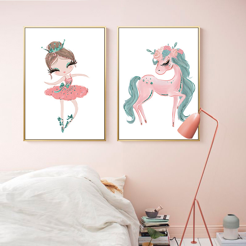 儿童房装饰画卧室墙壁卡通女孩房间挂画小朋友孩子粉红色少女壁画