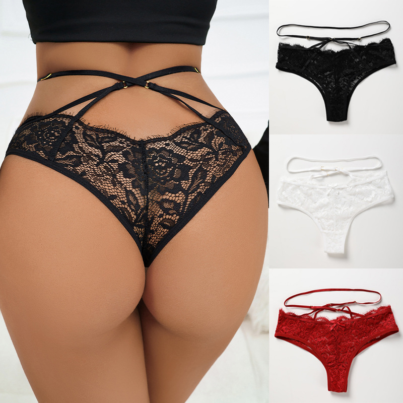 European and American Sexy Thin Cross Straps Underwear Women's Sexy Lace Low Waist plus Size Cotton Crotch Quick-Drying Briefs