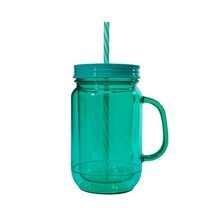厂家供应 带手柄的500ML PS单层梅森杯塑料梅森罐塑料吸管饮料杯