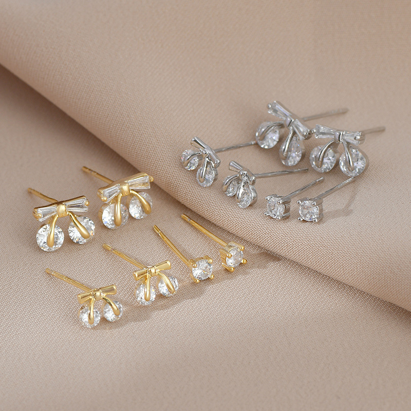 Sterling Silver Needle Korean Fashion Earrings Suit One Card Three Pairs Sweet Cute Cherry Bow Stud Earrings Ear Rings