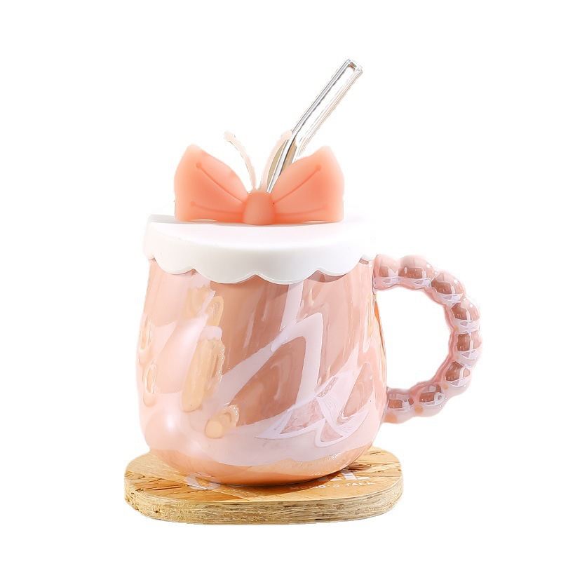 Creative Mug Pearlescent Glaze Bow Straw Girl Ins Hand Gift Milk Cup Coffee Set Factory Wholesale