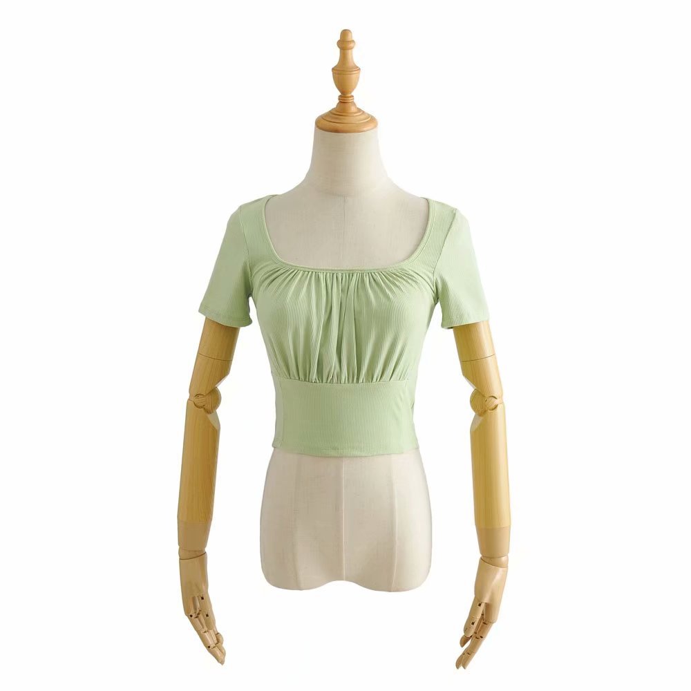 fs074-21款 欧美风ins款胸前褶皱短袖净面套头t恤 上衣女