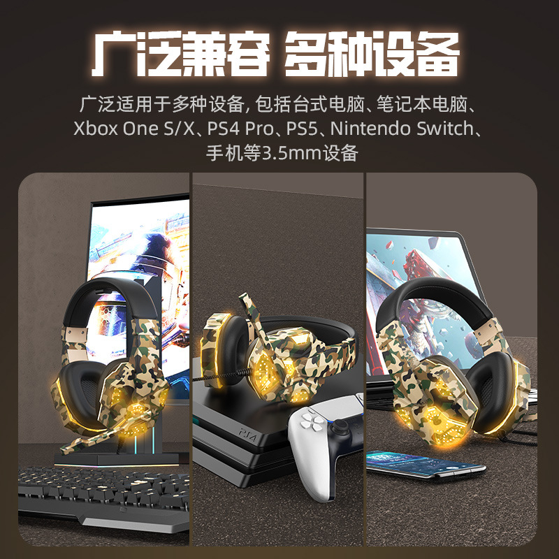 Cross-Border Private Model Camouflage Luminous Headphones Game Head-Mounted Computer Notebook Headset Wired E-Sports Pubg Headset