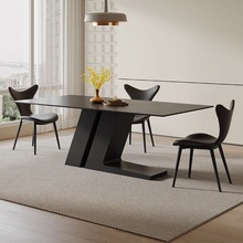 现代简约黑色岩板餐桌椅组合家用小户型客厅长方形岛台奶油风饭桌