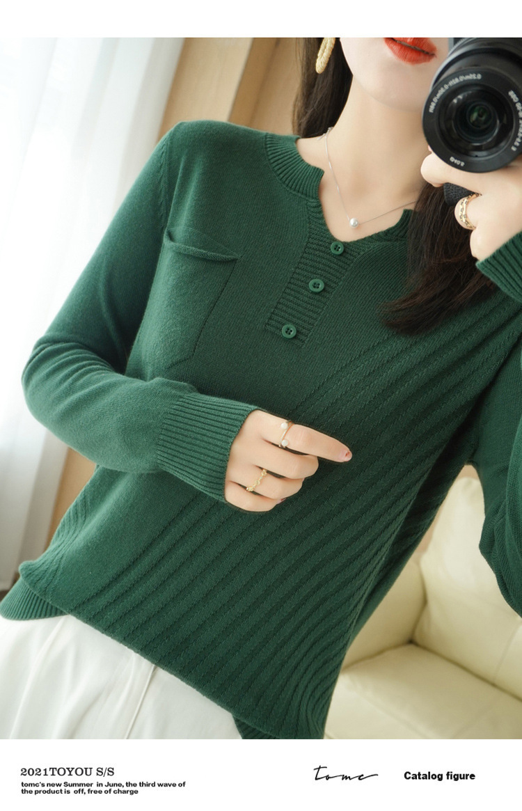 v领打底衫女宽松长袖2021秋季新款套头休闲针织衫棉线衣一件代发