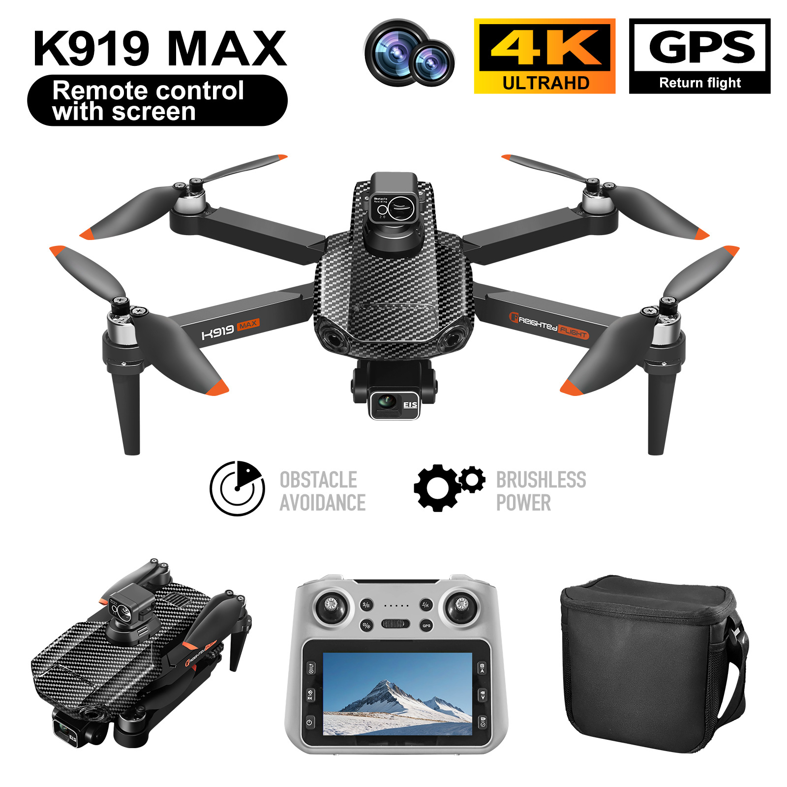 K919MAX无人机4K三轴防抖云台航拍器四轴飞行器屏控带避障空拍机