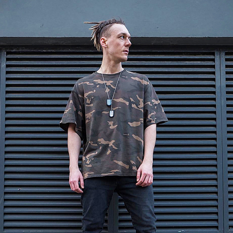 男装潮牌欧美ins侃爷kanye比伯宽松休闲落肩迷彩短袖t恤t-shirt