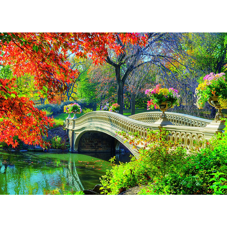 亚马逊新款钻石画四季如春贴钻十字绣客厅小桥流水风景家居装饰画