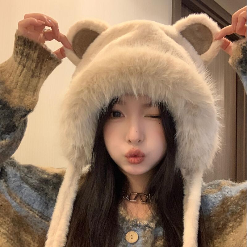 帽子女款秋冬季可爱小熊耳朵毛绒保暖雷锋帽加厚护耳包头冷帽