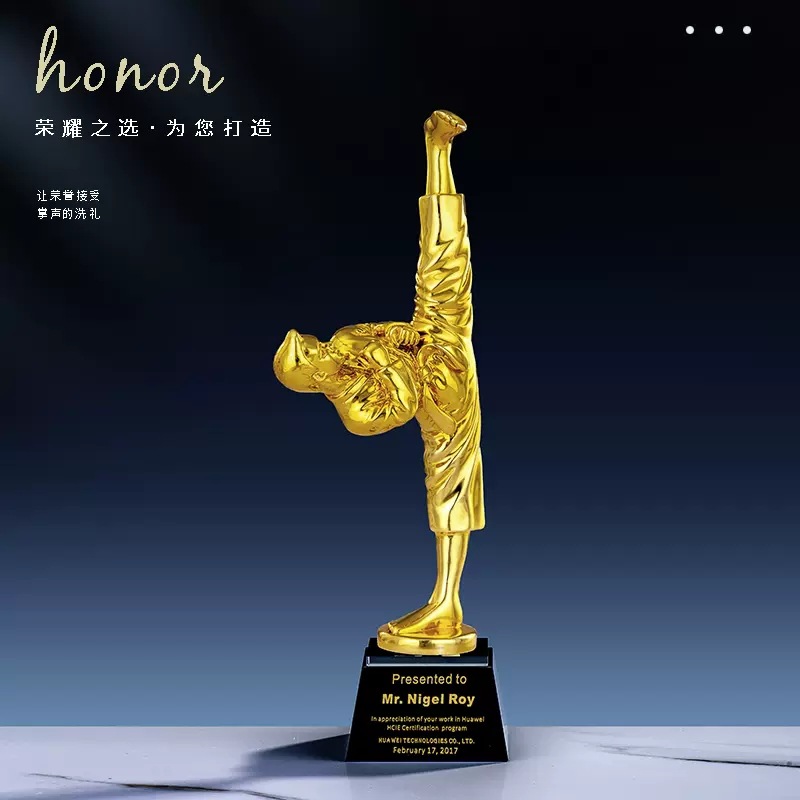 新款跆拳道奖杯制做水晶镀金运动会学校颁奖搏击拳击比赛刻字