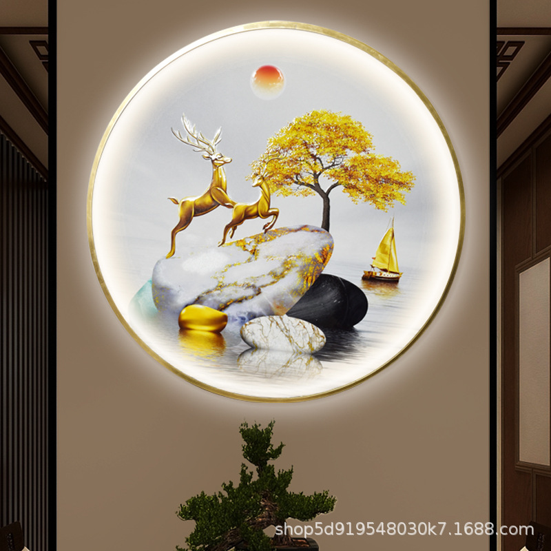 led圆形装饰画石来运转现代简约玄关餐客厅挂画立体轻奢带灯壁画