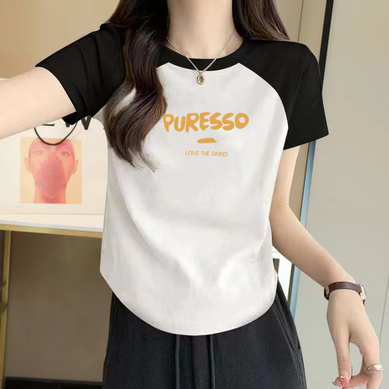 Women's Short-Sleeved Raglan Contrast Color Short-Sleeved Women's Summer Pure Cotton Shoulder T-shirt Versatile Design Sense Niche Clothes Fashion